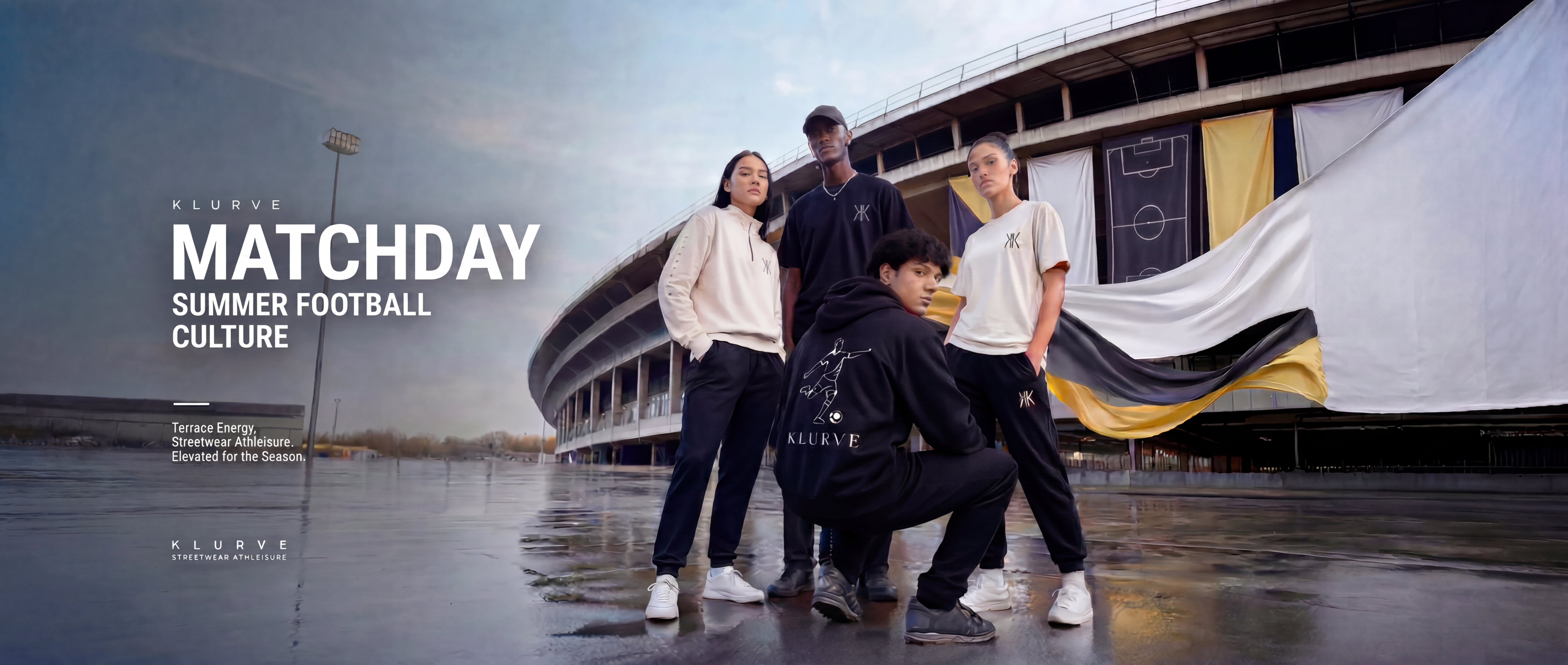 Four young athletes pose in front of a stadium under a cloudy sky, wearing matching dark athletic apparel with white and light gray accents. Large text on the left reads 'MATCHDAY SUMMER FOOTBALL CULTURE' with the Klube brand logo visible.