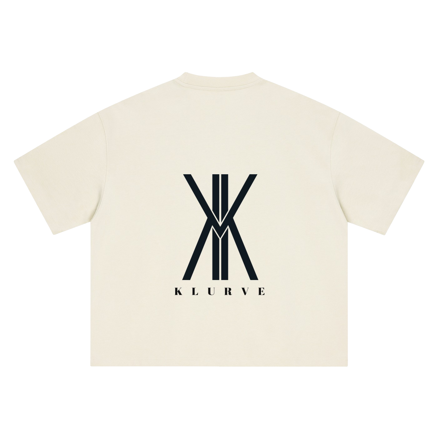 An off-white short-sleeve t-shirt with a large black stylized 'XM' logo and the word 'KLURVE' printed on the back, displayed against a solid white background.