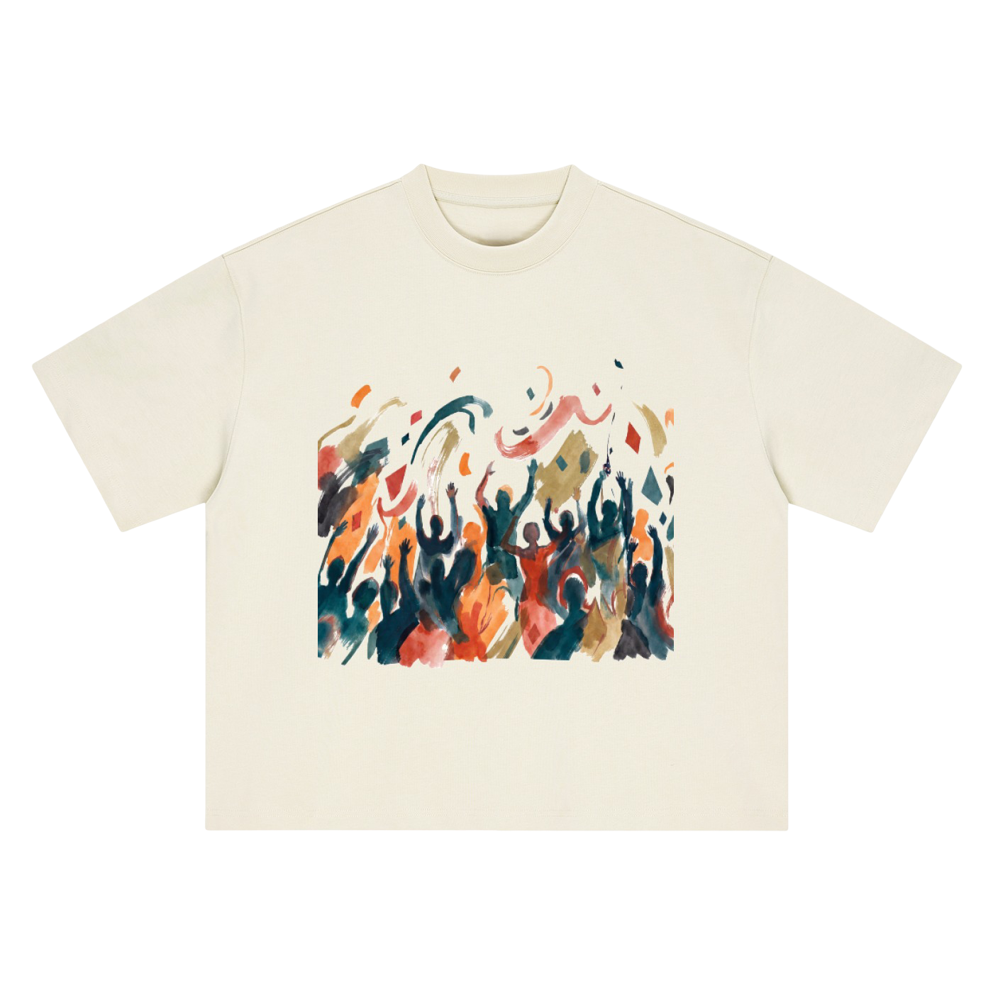 An off-white short-sleeve crewneck t-shirt featuring a colorful abstract graphic print of stylized figures on the chest, displayed against a solid white background.