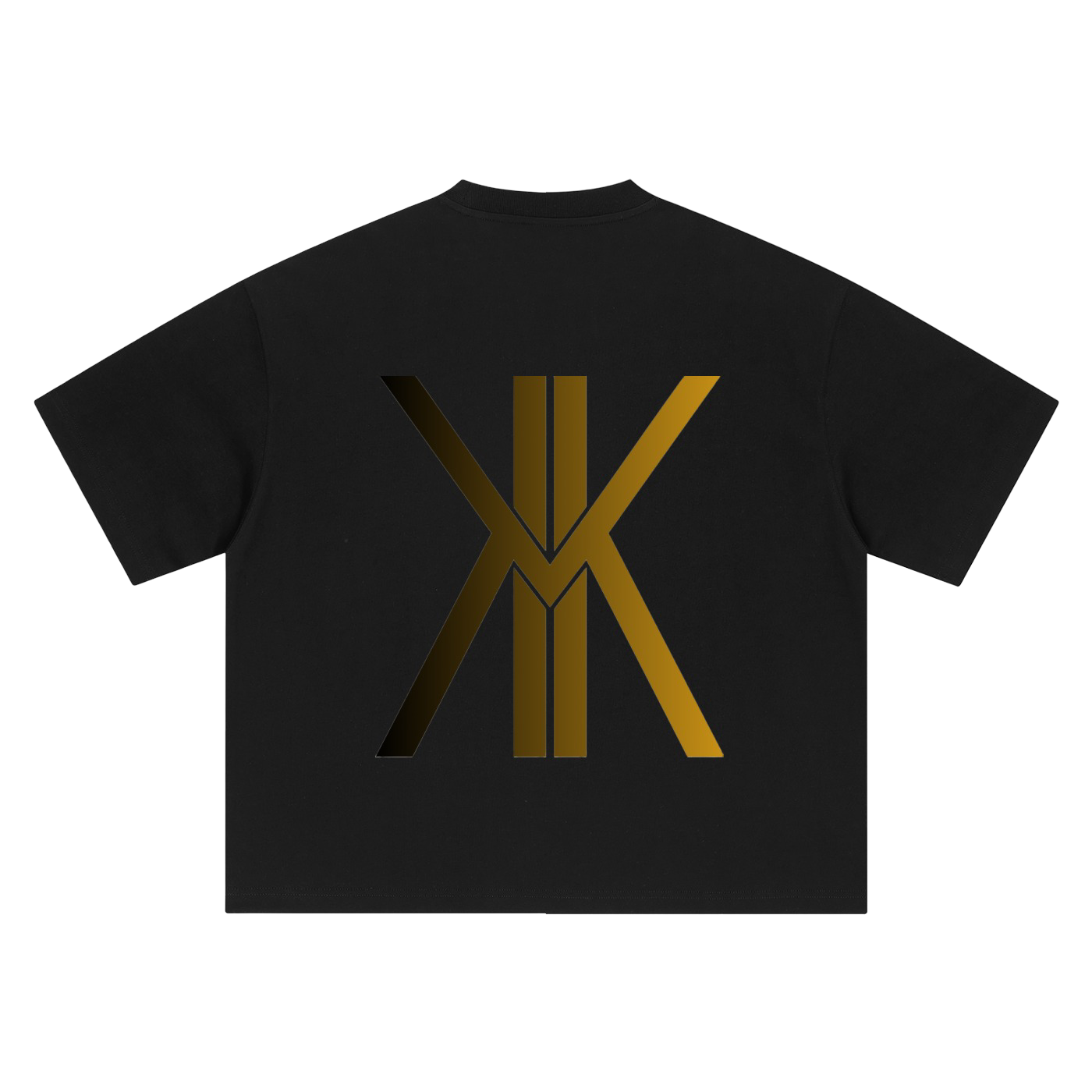 A black short-sleeve crewneck t-shirt featuring a large, stylized metallic gold 'X' graphic on the front, displayed against a solid white background.