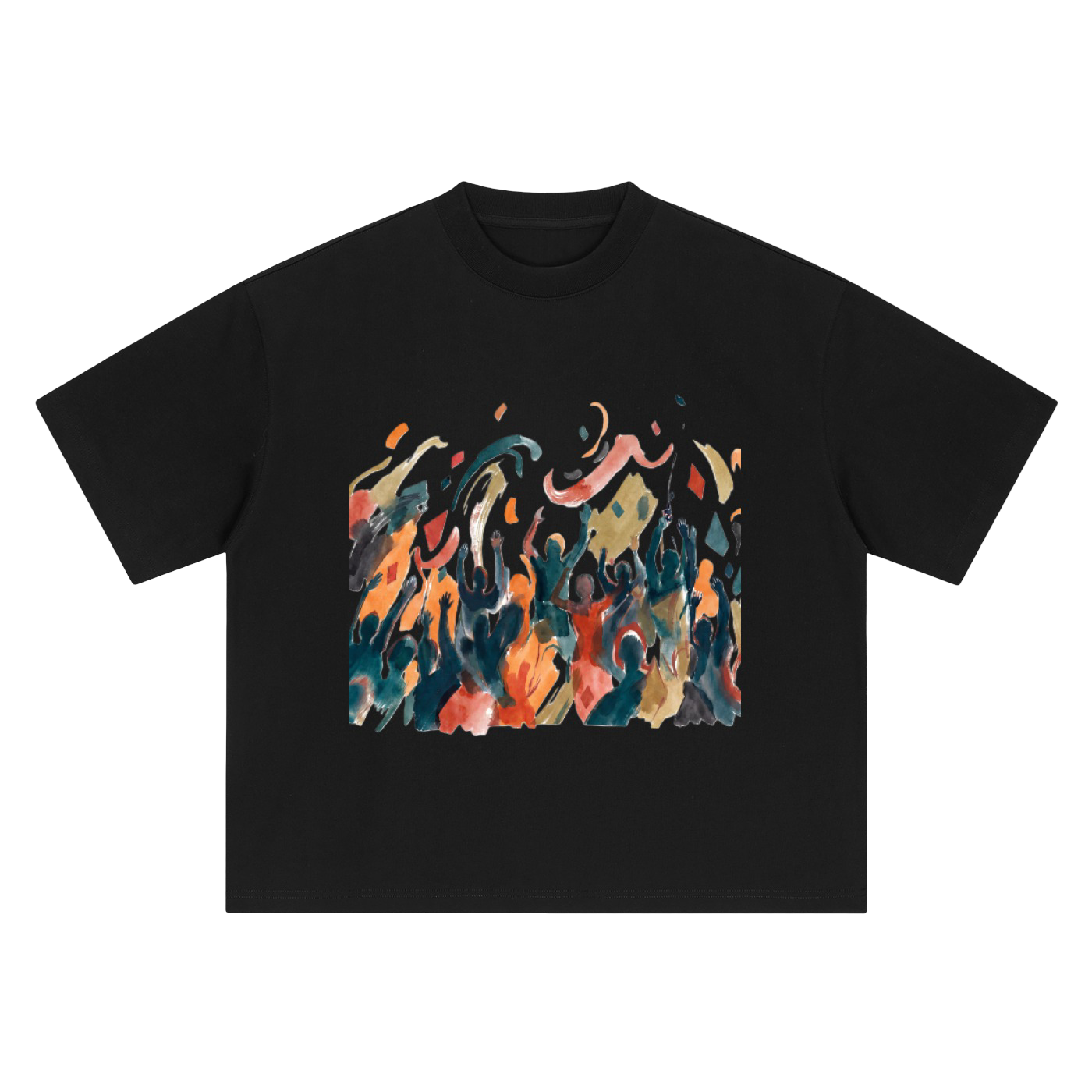A black short-sleeve crewneck t-shirt featuring a colorful abstract graphic print on the chest resembling stylized flames or watercolor splashes in orange, red, blue, and beige tones, displayed against a solid white background.
