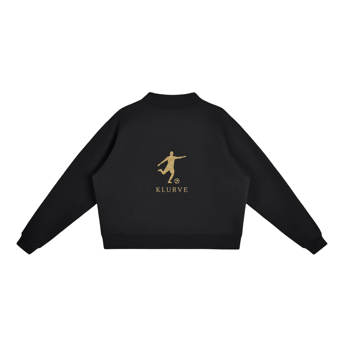 A black long-sleeve cropped sweatshirt shown from the back, featuring a gold graphic of a soccer player kicking a ball with the brand name 'KLURVE' printed below it, set against a plain white background.