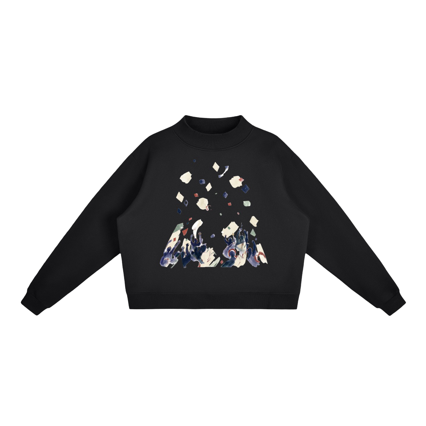A black long-sleeve crewneck sweatshirt with a graphic print of colorful, stylized flowers and leaves forming a tree shape on the front, displayed on a solid white background.
