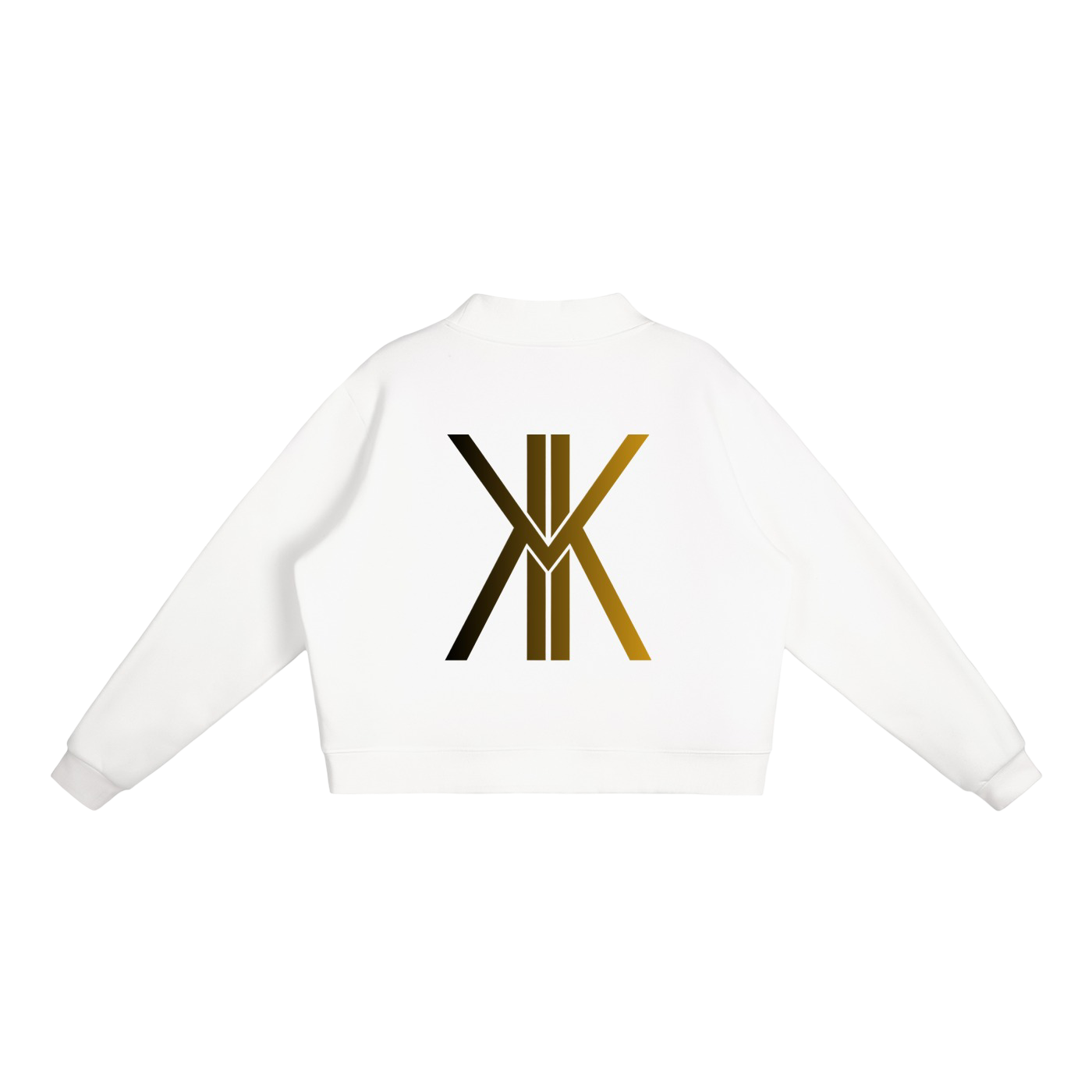A white cropped sweatshirt with a large stylized 'XM' logo printed on the back in a black-to-gold gradient, shown against a plain white background.
