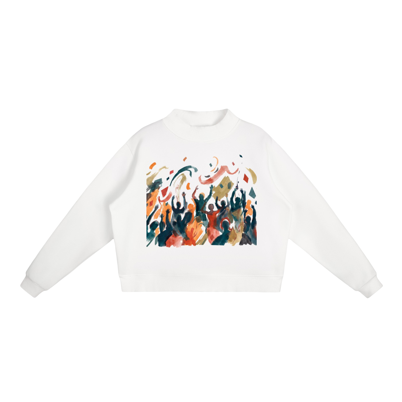 A white long-sleeve crewneck sweatshirt featuring a colorful abstract watercolor-style graphic print on the front, displayed against a solid white background.