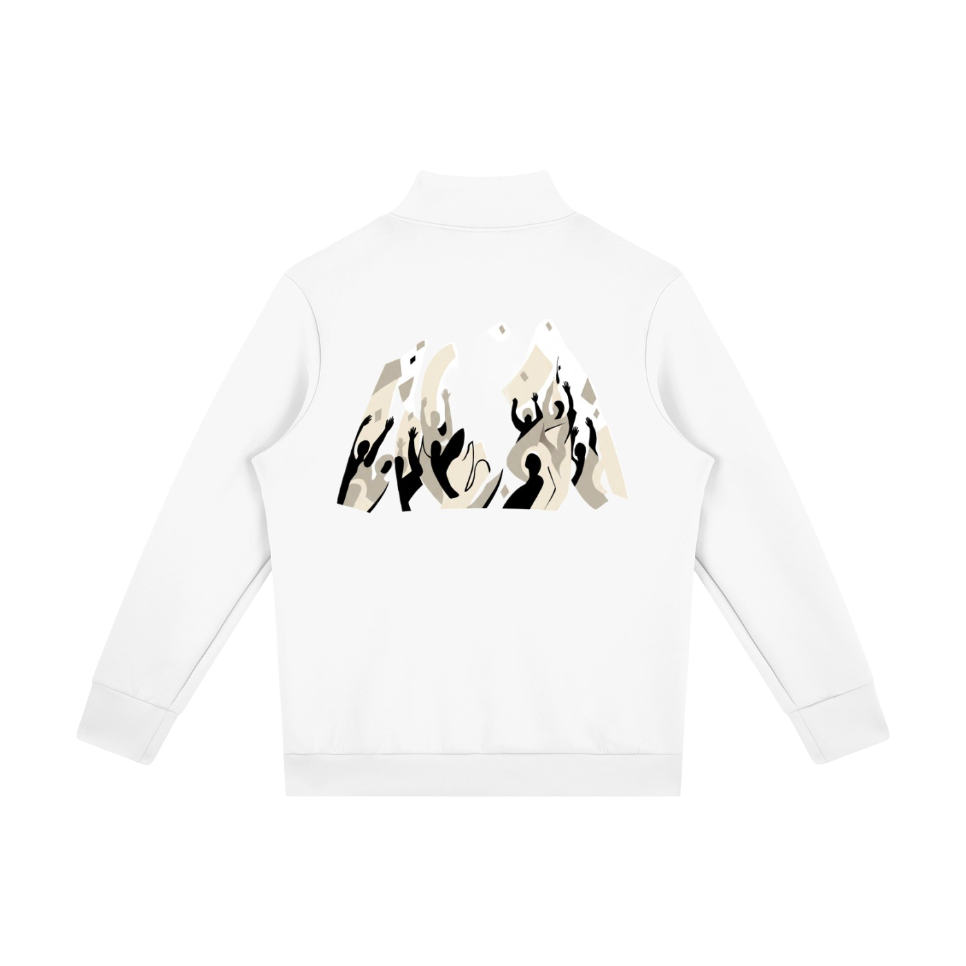 A white long-sleeve quarter-zip sweatshirt shown from the back, featuring a graphic print of stylized figures in black and beige on the upper back.