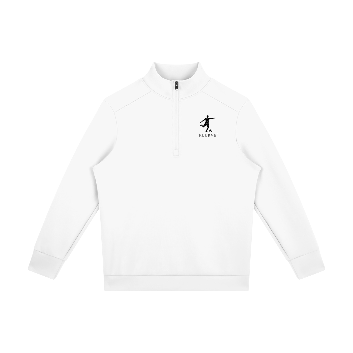 A white long-sleeve quarter-zip pullover sweatshirt with a small black logo on the left chest, displayed on a clean white background.