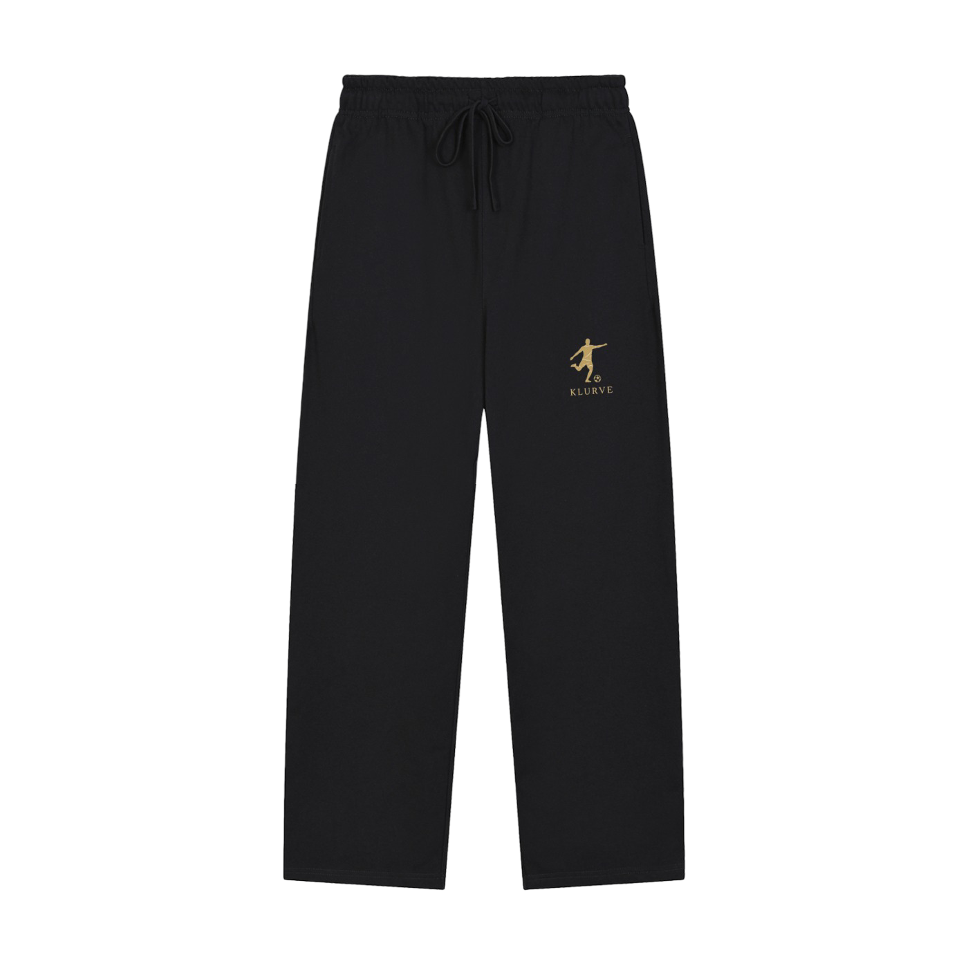 Black wide-leg sweatpants with a drawstring waist and a small gold logo on the left thigh, shown against a plain white background.