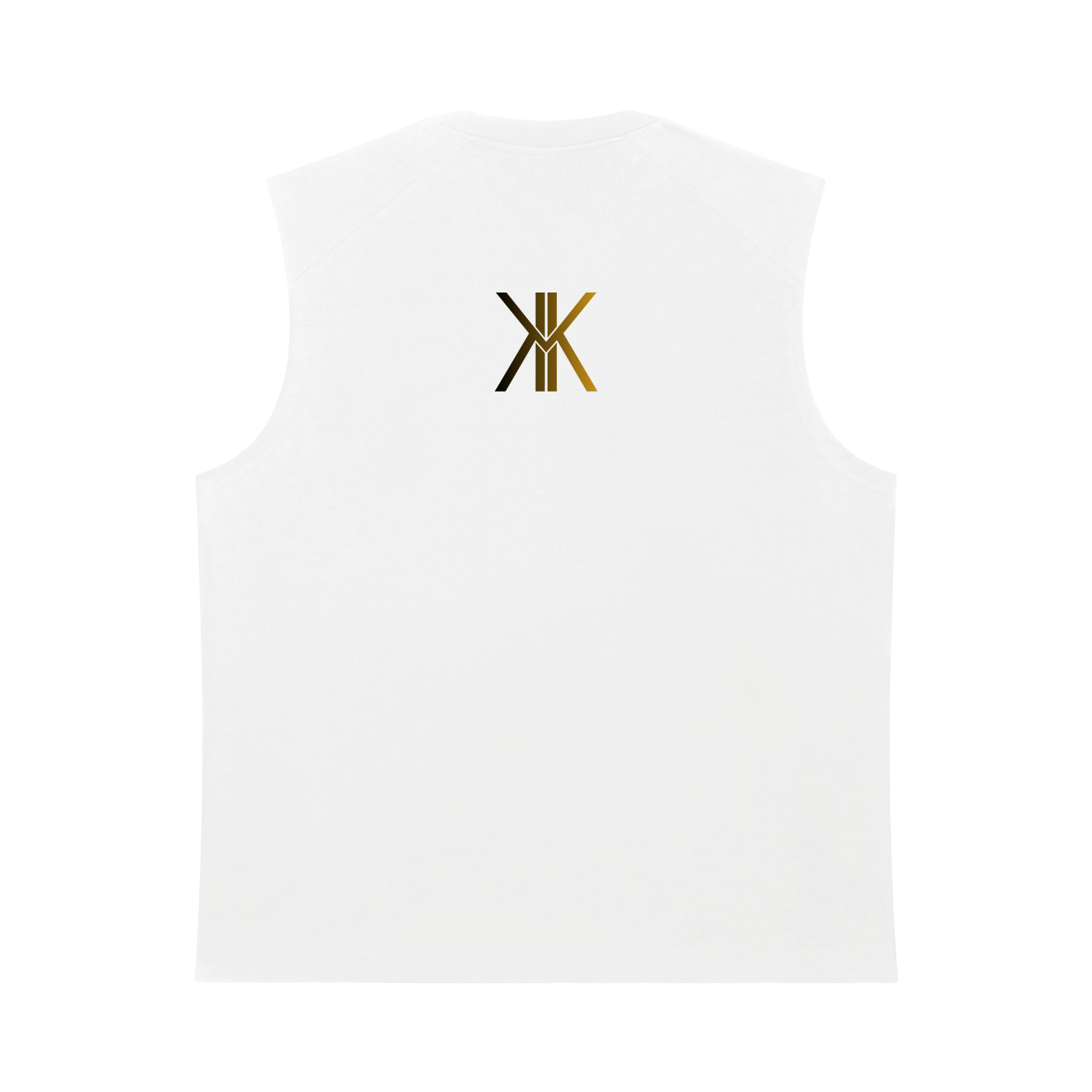 A white sleeveless muscle tank top with a stylized 'JK' logo printed on the upper chest in black and gold, shown against a plain white background.