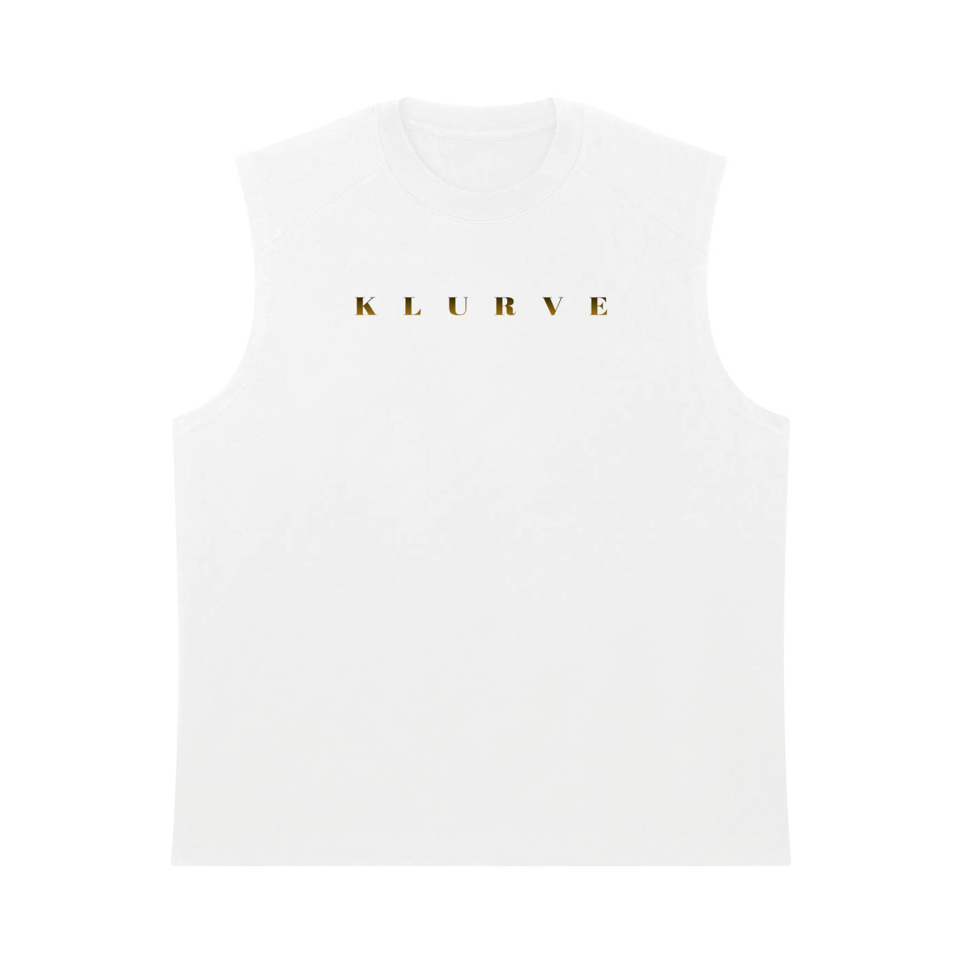 A white sleeveless muscle tank top with the word 'KLURVE' printed in small gold letters across the chest, shown on a plain white background.