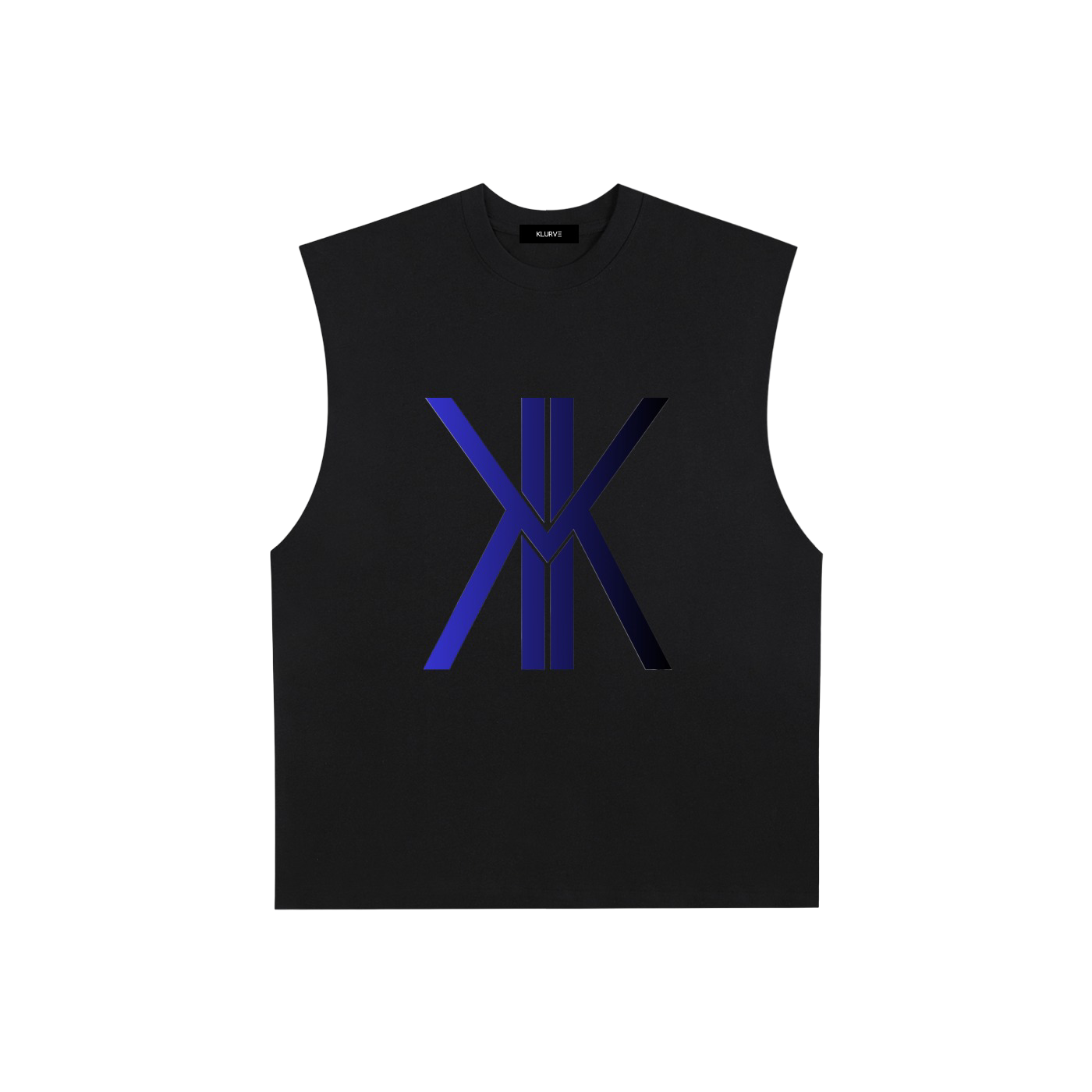 A black sleeveless crop top featuring a large, stylized metallic blue and purple 'X' logo on the chest, displayed against a solid white background.