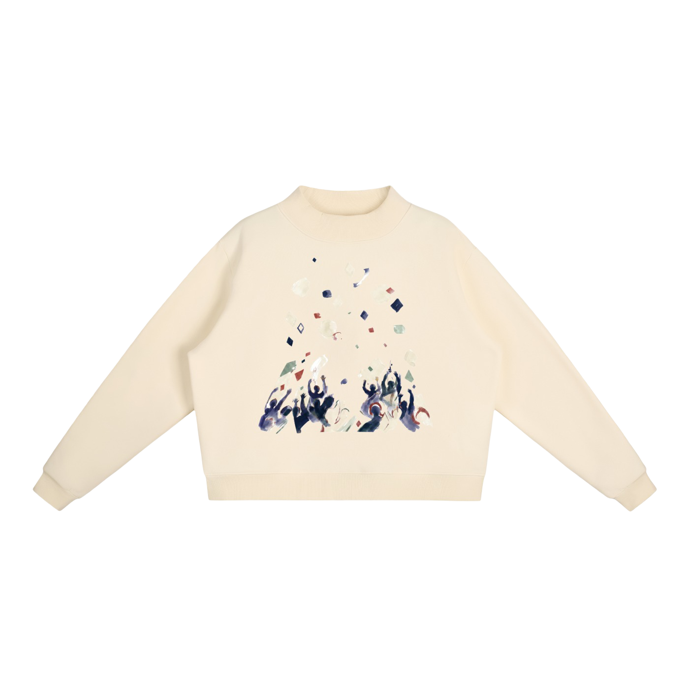 An off-white long-sleeve crewneck sweatshirt featuring a colorful abstract graphic print on the front depicting figures and floating shapes.