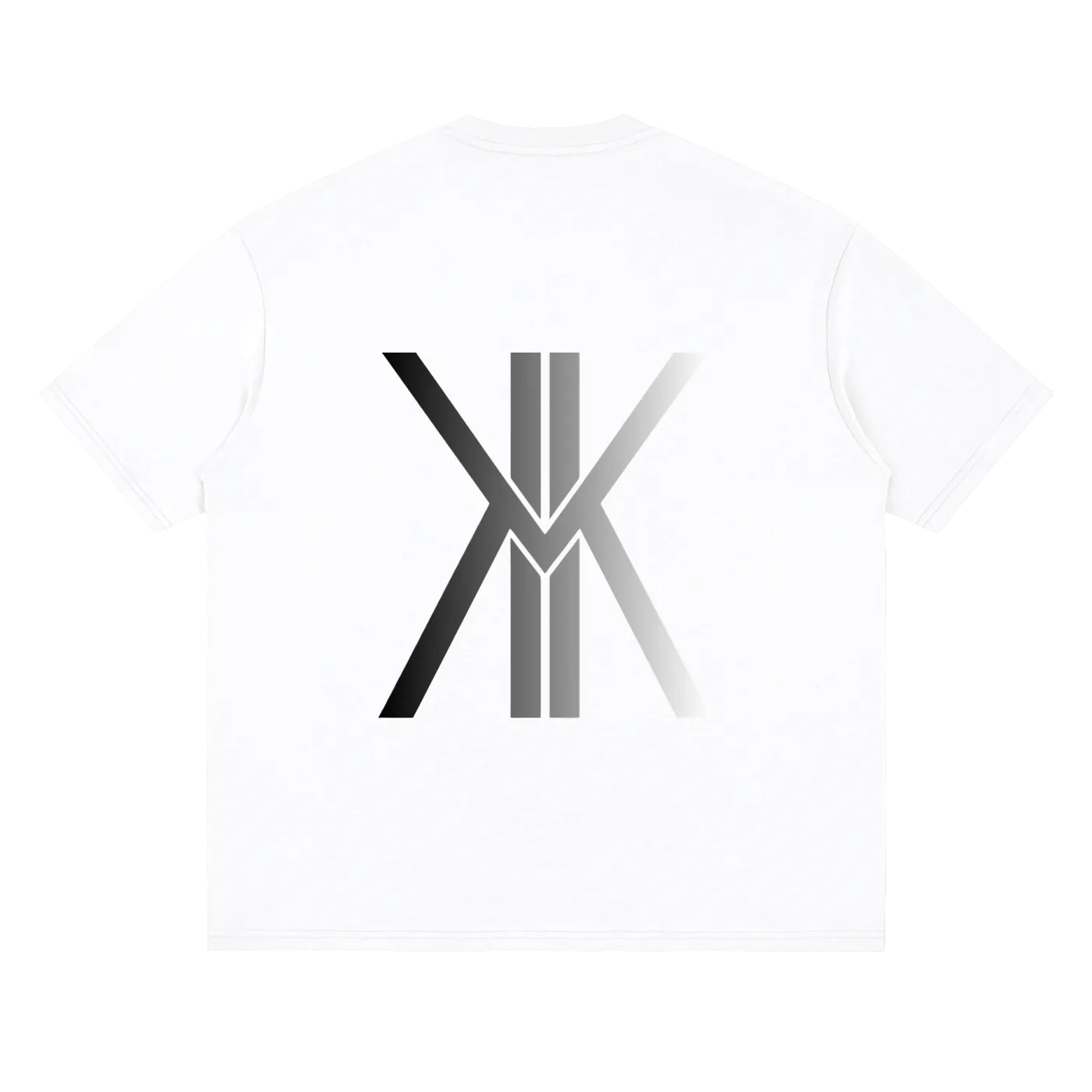A white short-sleeve crewneck t-shirt featuring a large stylized 'X' graphic on the back. The graphic is composed of black and gray vertical bars with a white-to-black gradient 'X' overlay, set against a plain white background.