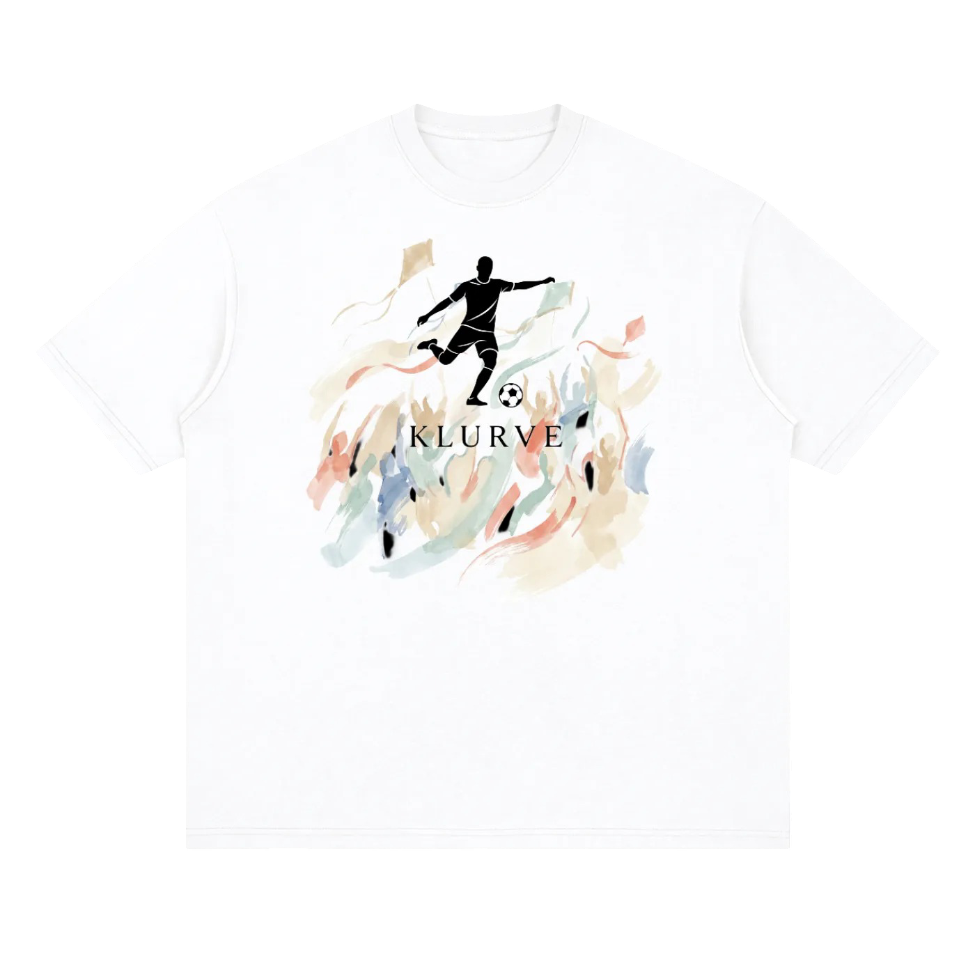 A white short-sleeve crewneck t-shirt featuring a central graphic of a black soccer player silhouette over a colorful watercolor splash of beige, orange, and blue, with the word 'KLURVE' printed below.
