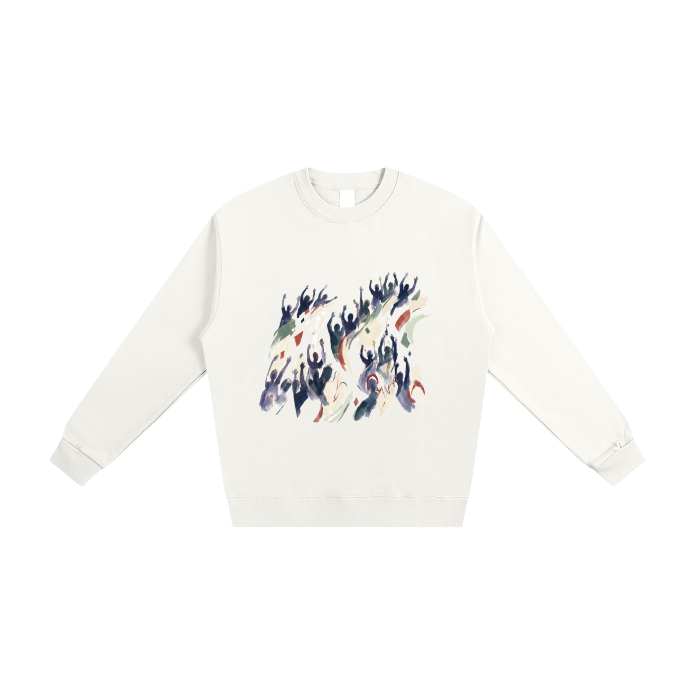 An off-white crewneck sweatshirt featuring a colorful graphic print of dancing figures in the center, displayed on a clean white background.