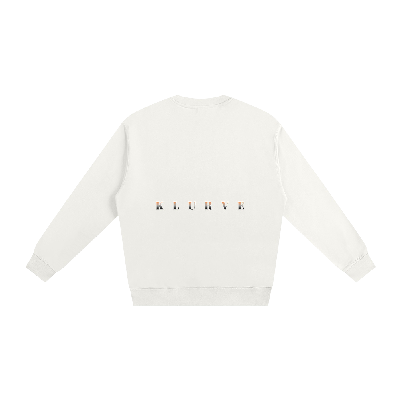 An off-white crewneck sweatshirt shown from the back, featuring the word 'KLURVE' printed across the center in a small multicolor patterned font.