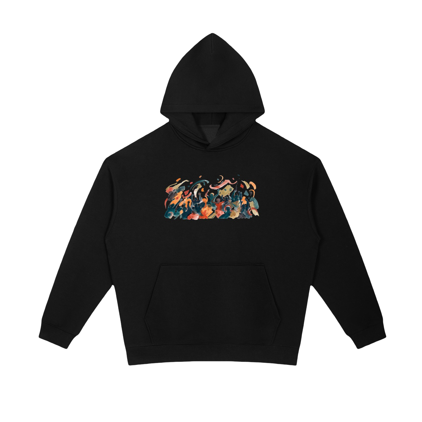 A black pullover hoodie with a colorful graphic print of dancing figures across the chest, displayed on a solid white background.