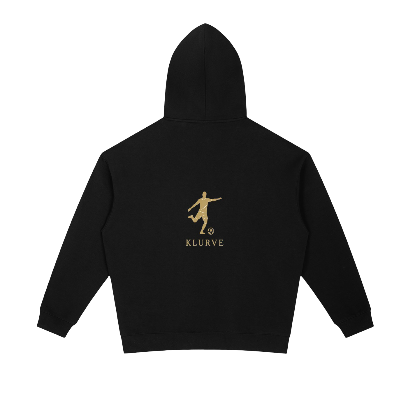 A black long-sleeve hoodie shown from the back, featuring a gold graphic of a soccer player kicking a ball with the word 'KLURVE' printed below it, set against a plain white background.
